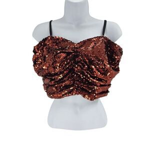 NTW Mango Sequin Brown Ruched Crop Top